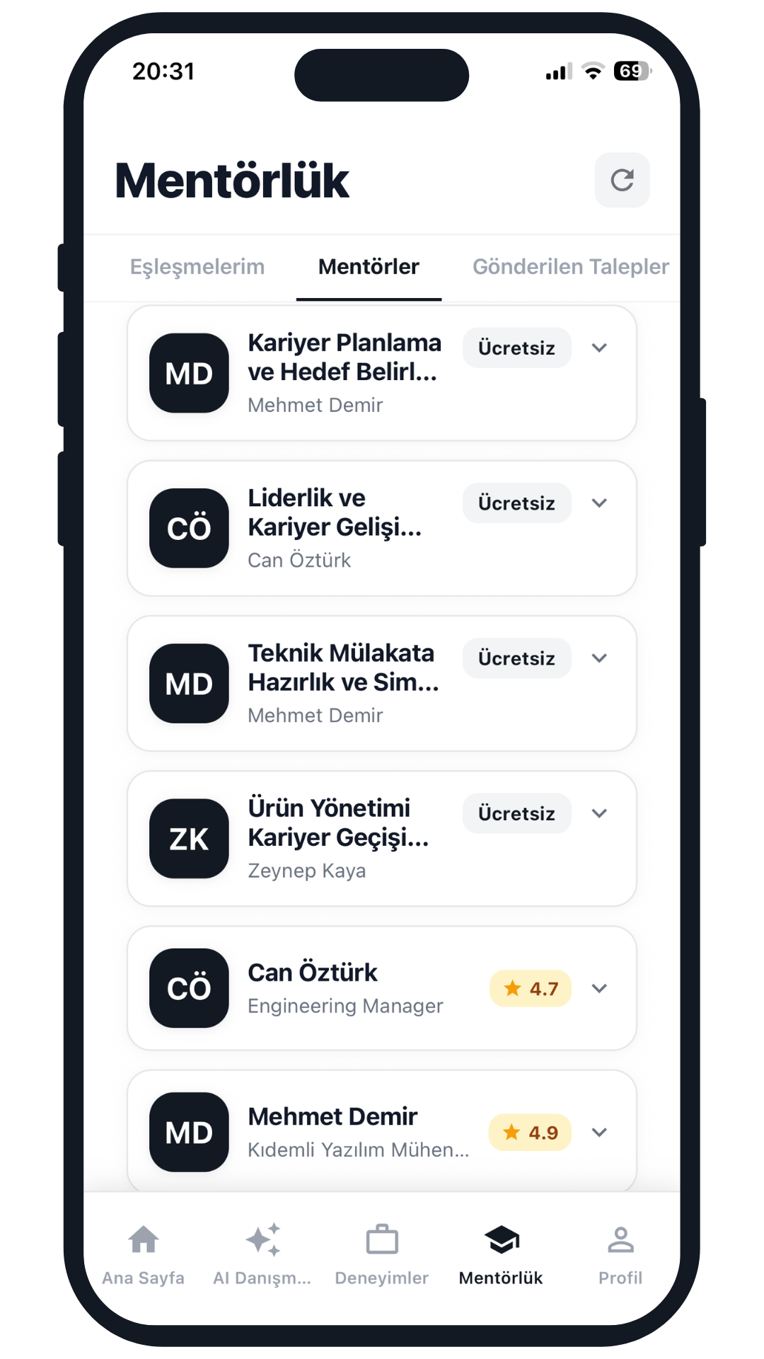 Newbie Mentörlük ekranı